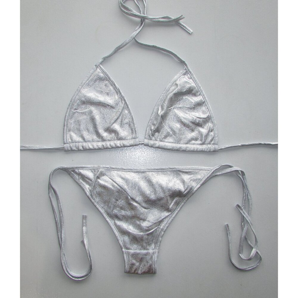 Silver Metallic String Scrunch Butt Cheeky Bikini - NEW